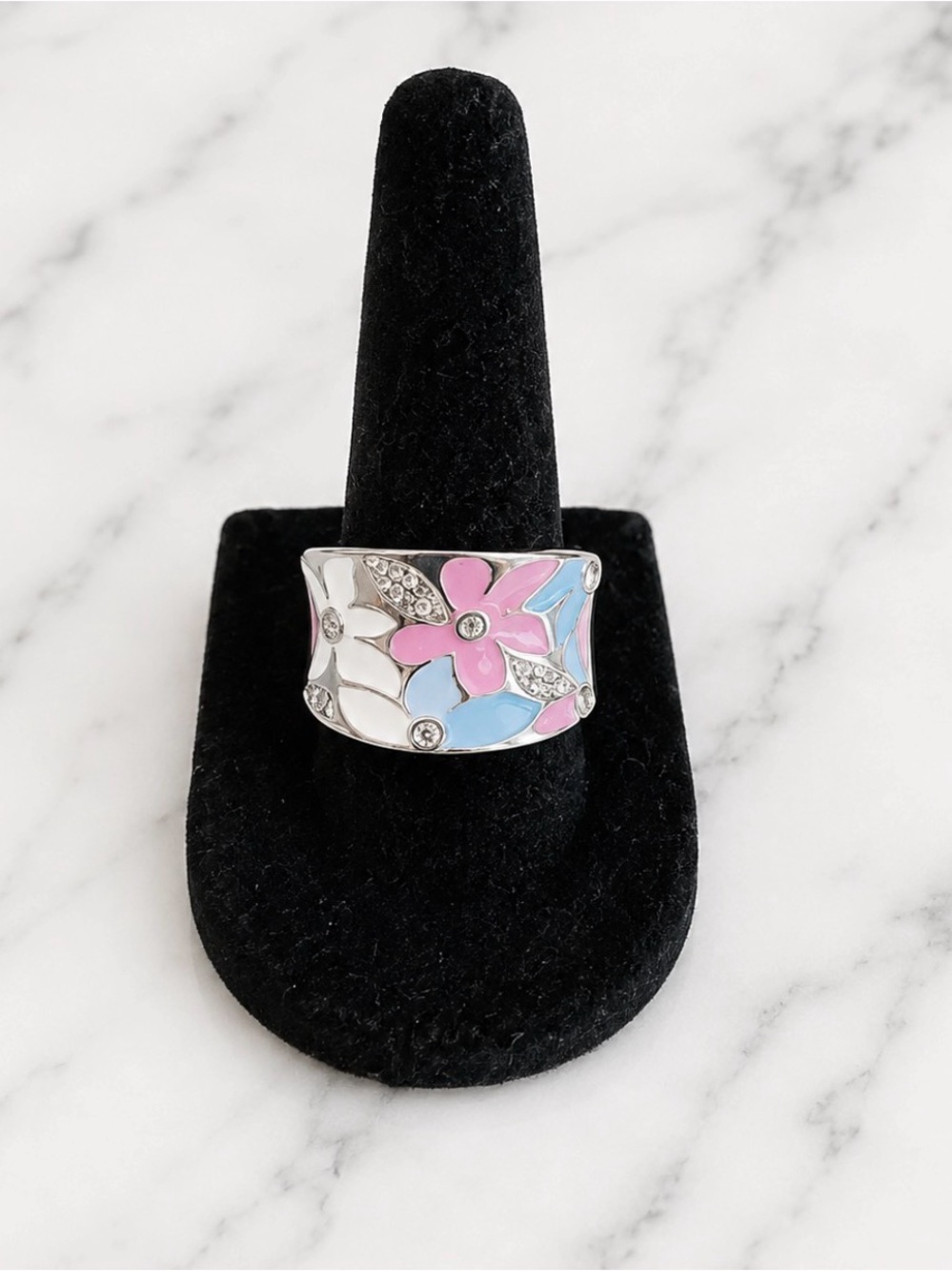 New-Silver Tone Floral Enamel Fashion Ring with Pink & Blue Accents